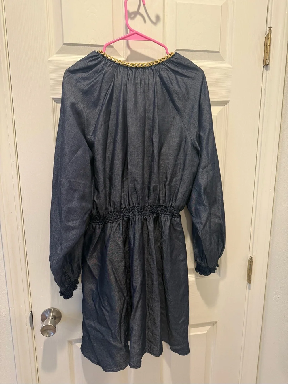 Michael Kors Navy Long-Sleeve Dress with Gold Chain Neckline